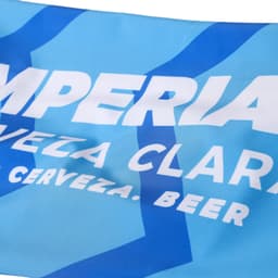 A blue flag featuring white text and a logo, displaying a beverage brand.