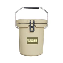 A 15L ice bucket in a light tan colour with a black handle and a logo on the front.