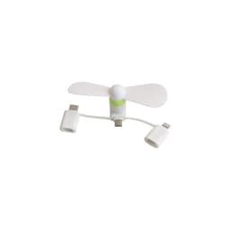 A compact white smartphone fan with green accents, featuring connectors for different phone types and a small propeller.