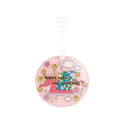 Acrylic luggage tag in pink with a whimsical design featuring a jester hat and smiley faces, complete with a strap.
