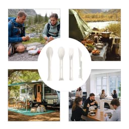 A portable utensils set in white includes a spoon, fork, and knife, ideal for outdoor and indoor dining.