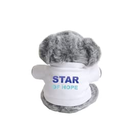 A grey koala plush toy wearing a white shirt with colourful text and a logo on the back.