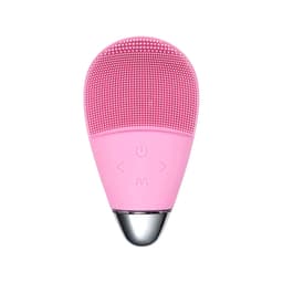 A pink silicone facial cleansing brush with textured surface and control buttons, featuring a metallic base.