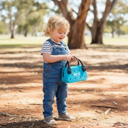A child holds a bright blue EVA Holes Mini Handbag while standing on a dirt surface under trees.