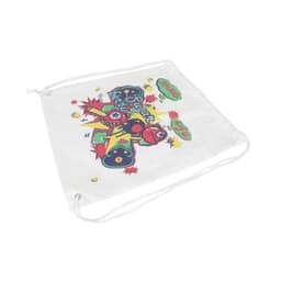 A white drawstring cotton bag featuring a colourful graphic design and a logo.