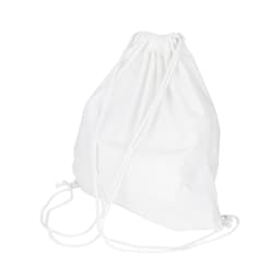 A white drawstring cotton bag with a gathered top and adjustable cords, featuring a logo.
