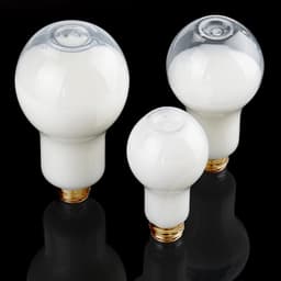 A drink bottle in a bulb shape, featuring a white body and a clear top, with a logo present.