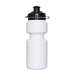 A drink bottle in white with a black flip-top lid and a secure cap, featuring a simple design.