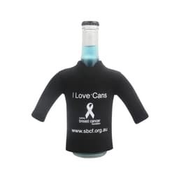 A drink bottle dressed in a black long sleeve cooler featuring a logo and text.