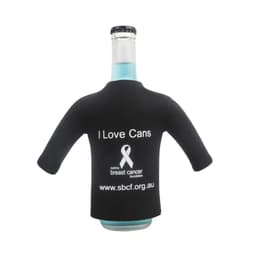 A drink bottle with a black long sleeve cooler featuring a logo and the text "I Love Cans".