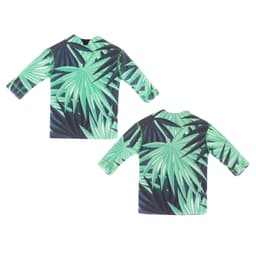 A drink bottle cooler in green tropical leaf design with long sleeves. Features a logo on one side.