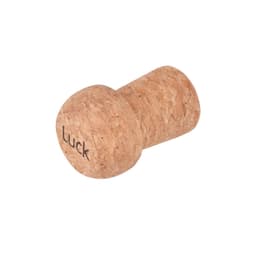 A cork-shaped flash drive in natural cork colour with the word "Luck" engraved on it.