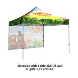 A 3x3m regular marquee with a colourful roof and one side full wall, featuring a logo.