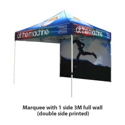 A 3x3m marquee with a blue and white design featuring a full wall and a silhouetted runner.