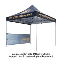 A blue 3x3m regular marquee with a printed side wall, support bars, and clamps.