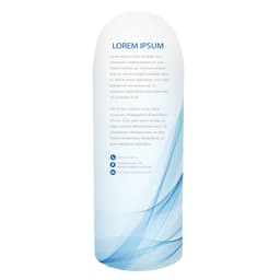 A cylindrical promotional display in white and light blue with a logo, featuring abstract wave designs and placeholder text.