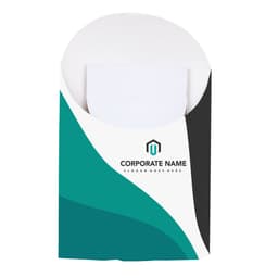 A cardboard display unit featuring a green, black, and white design with a logo, holding several promotional items.