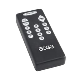 A black remote control shaped stress reliever with buttons and a logo on one side.