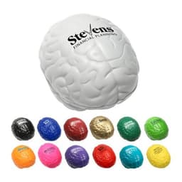 A white brain-shaped stress reliever is featured alongside various colourful brain-shaped stress relievers in multiple hues.