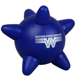 A blue stress ball shaped like a spiky star with a logo on the surface.
