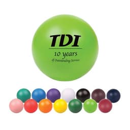 A green 50mm ball shape stress reliever with a logo, surrounded by various coloured balls in different shades.