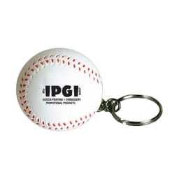 A white baseball stress reliever keyring with red stitching and a branded logo.