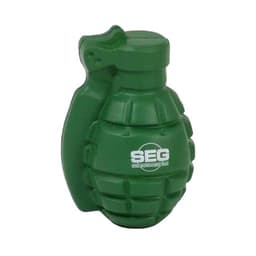 A green grenade-shaped stress reliever with a logo, designed for fun and stress relief.
