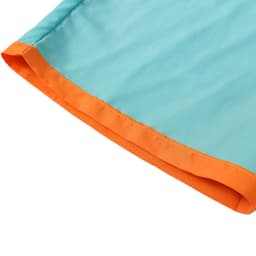 Men's beach shorts in a light blue fabric with an orange trim, featuring a branded logo.