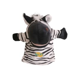 A zebra hand puppet featuring black and white stripes with a logo on its front.