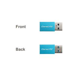 A blue USB data blocker with a metal connector, displayed from the front and back. It features a logo.