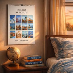 A wall calendar featuring vibrant city visuals in a white design, hanging above a bedside table with a globe and books.