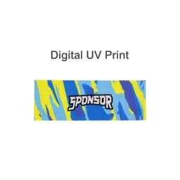 A vibrant headband in blue and yellow with a logo in the centre. Features a digital UV print design.