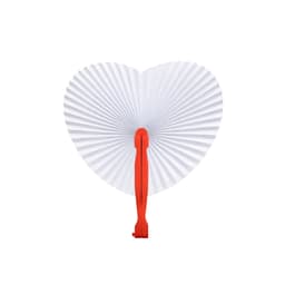 A heart-shaped plastic fan with a red handle and white, pleated fan section. Brand logo visible on the handle.
