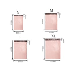 A set of self-sealing plastic mailing bags in various sizes: S, M, L, and XL, all in a pink hue. Each bag features measurements.
