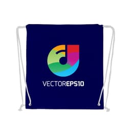 A navy drawstring cotton bag featuring a colourful logo on the front. The bag has white drawstrings.