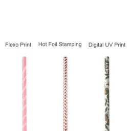 A set of four drinking paper straws in various designs: pink striped, patterned, floral, and a decorative print.