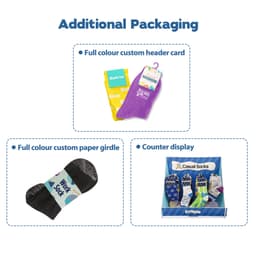 A display of colourful packaging for socks, featuring a header card, paper girdle, and a counter display with various sock designs.