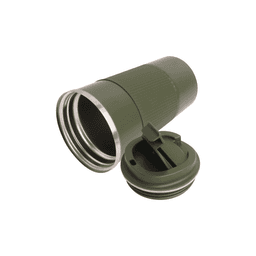 A stainless steel travel coffee mug in olive green with a silver rim and a flip-top lid. It features a textured grip.