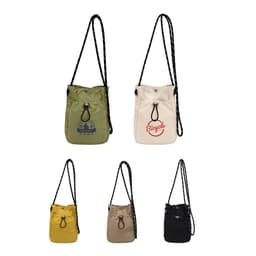 A collection of lightweight shoulder phone bags in green, beige, black, khaki, and a cream version with a logo.