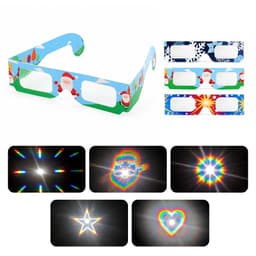 Paper diffraction glasses with a blue design featuring Santa, accompanied by images of various light patterns and shapes.