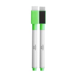 A pair of green and white magnetic whiteboard markers with chisel tips. Each marker has a logo on the barrel.