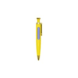 A yellow and purple pen with a rocket-shaped top and a clip. Features a branding logo.