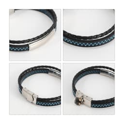 A double-layer leather bracelet featuring black and blue woven detailing with a metallic clasp and branding.