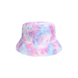 A tie dye bucket hat featuring a blend of pink, blue, and purple colours. It has a branded logo.
