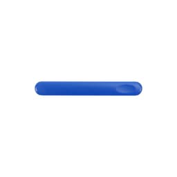 A blue nail file with a smooth surface and a rounded end, featuring a logo.