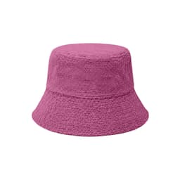A reversible bucket hat in a vibrant pink colour, featuring a textured fabric and a logo.