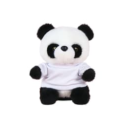 A black and white panda plush toy wearing a plain white T-shirt, featuring large eyes and a soft, cuddly appearance.