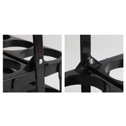 A foldable beer basket in black, featuring cup holders and metal fastenings for stability. It has a sleek design and a logo.