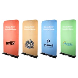 Four promotional banners in orange, blue, and green colours, featuring various logos and the phrase "Clean Your Hands Here".
