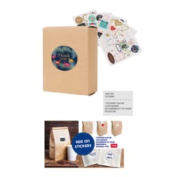 A small square gift box in kraft paper with a circular logo and colourful stickers included for decoration.